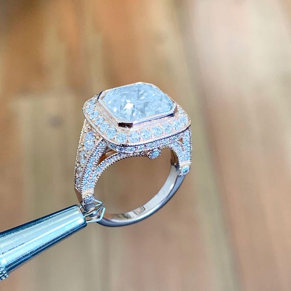 Asscher Cut Moissanite and Round Cut Sides Bezel Set Engagement