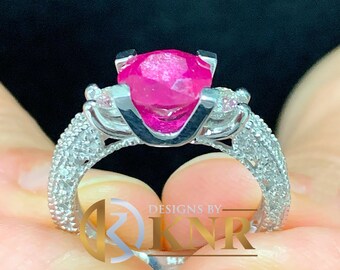 14k Solid White Gold Ruby And Natural Round Cut Diamonds Antique Deco Design Ring, engagement 2.75ctw