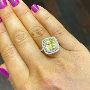 Cushion Cut Fancy Yellow Center And Round Cut Sides Cvd Diamond Engagement Ring Double Halo Bridal Wedding Ring 14k Solid White Gold 5.00ctw