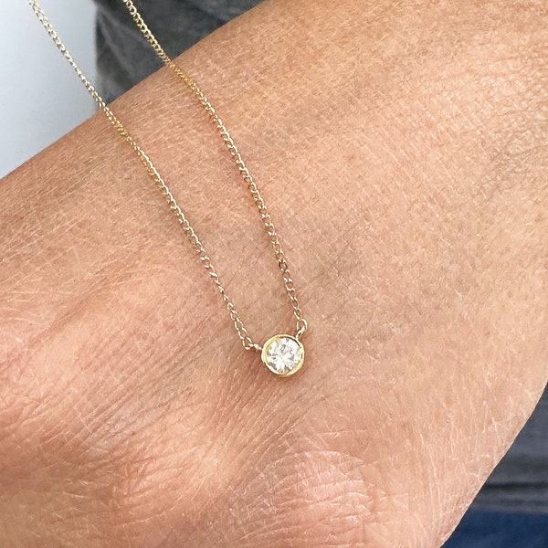Minimalist Dainty 14k solid yellow gold round moissanie bezel solitaire necklace and chain, Pendant, Bridal, Wedding, Anniversary, 0.35ct