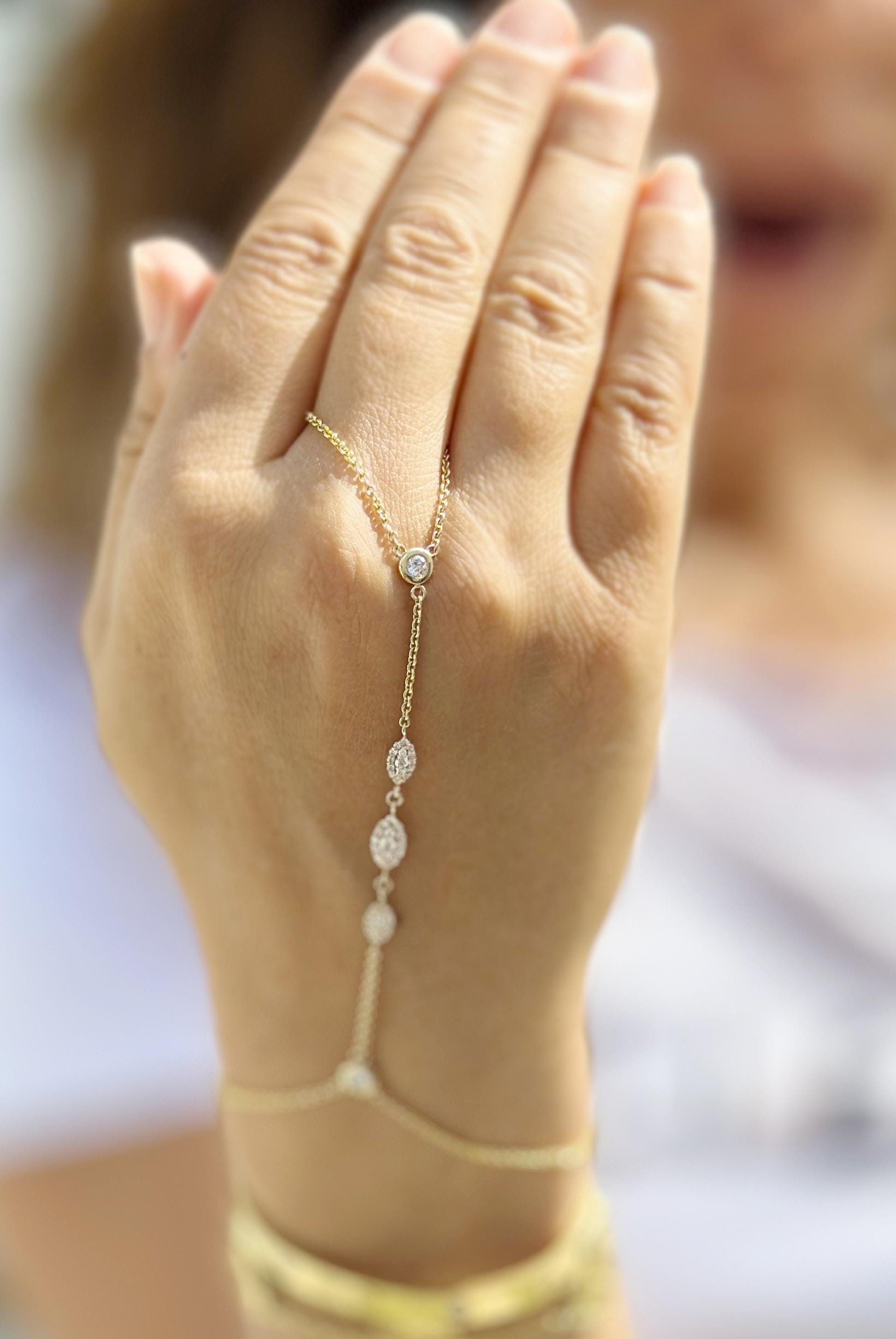 Finger Bracelet CVD Diamond Ring Bracelet 14k Solid Yellow Gold Hand Chain Diamond Bracelet Chain Diamond Bracelet Marquee Shape Links 0.85