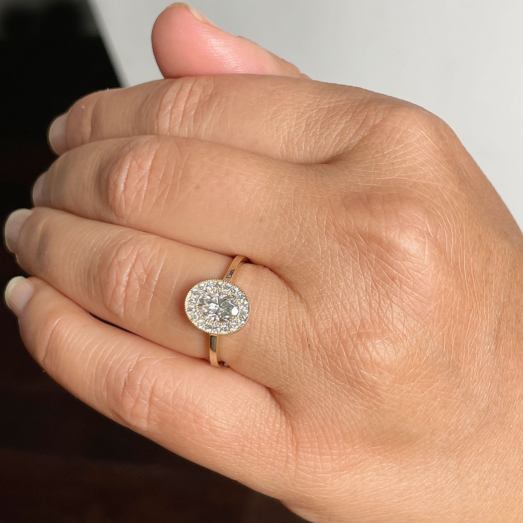 Oval Shape Moissanite Ring and Round Cut Sides Engagement Ring Halo Bezel Set Bridal Propose Ring 14k Solid Yellow Gold Wedding Ring 1.20ctw