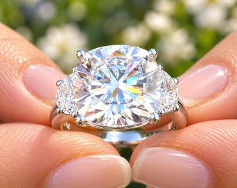 Cushion Cut Center And Half Moon Shape Sides Diamond Engagement Ring IGI Certified 14k Solid White Gold Three Stone Style Ring 5.80ctw G-VS2