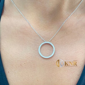 Round Cut Natural Diamonds Necklace Set In 14K Solid White Gold Pendent And Chain Circle Of Love Life Bridal Wedding Anniversary Gift 0.65ct