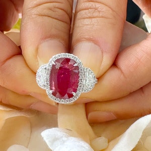 14K Solid White Gold Oval Shape Ruby and Round And Half Moon Cut Natural Diamonds Engagement Ring Halo Prong Set 5.00ctw