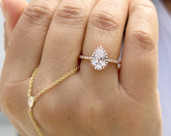 Pear Shape Moissanite And Round Cut Sides Natural Diamonds Engagement Ring In 14k Solid Rose Gold Bridal Ring Halo Style Wedding Ring 1.70ct