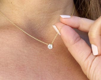 Round Cut Moissanie Pendant And Chain Solitaire Minimalist Dainty 14k Solid Yellow Gold Necklace And Chain Bridal Wedding Gift For Her 0.50