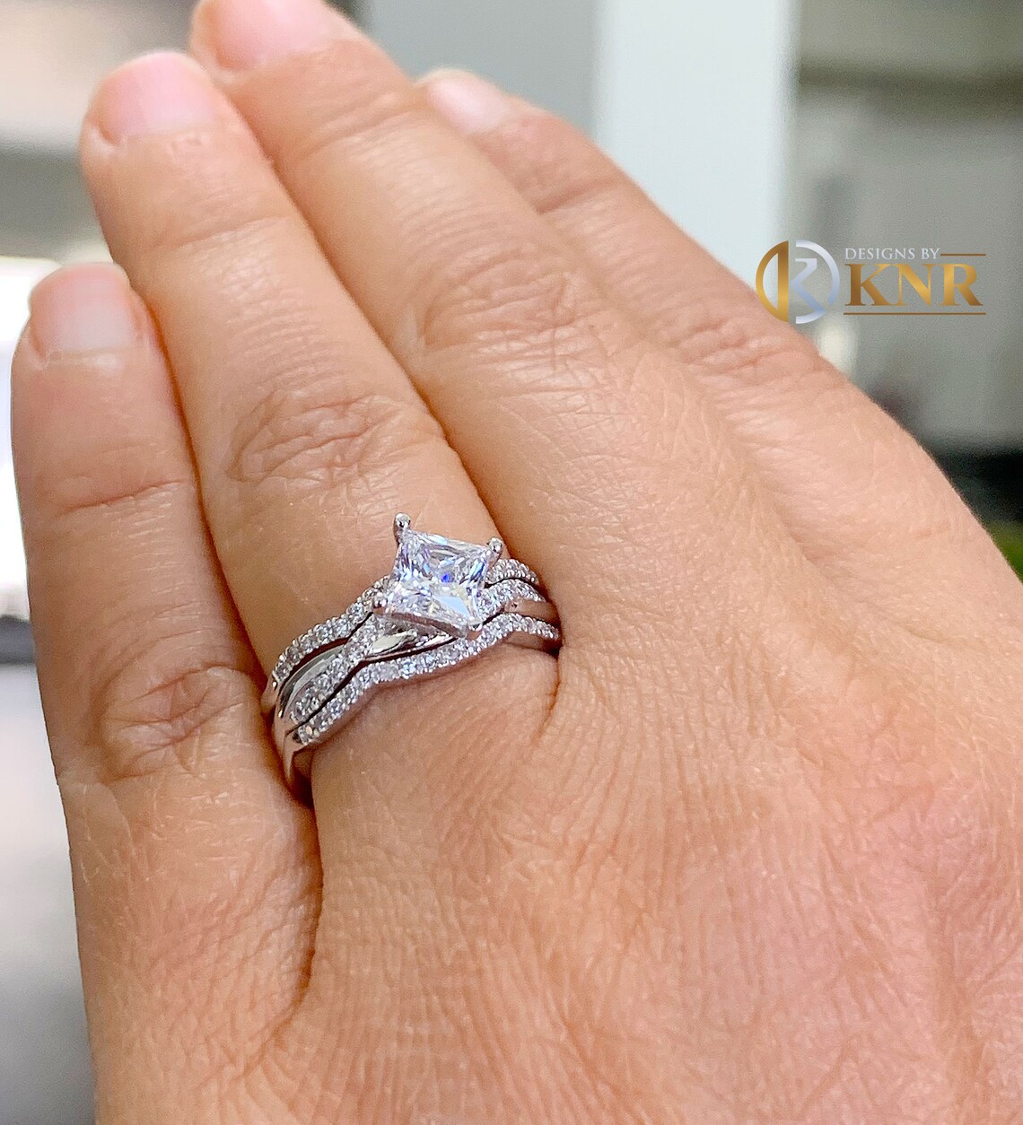 14K White Gold Carat Princess Moissanite Halo Engagement Ring