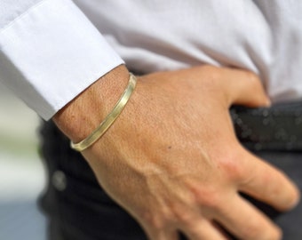 14K or 18K Solid and Very Heavy White  Gold or Yellow Gold Or Rose Gold Men&#39;s Cuff Bangle 6mm Width Knife Cut Edges Design Brush Top Finish