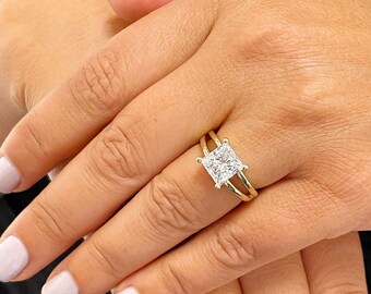 14K Solid Yellow Gold Princess Cut Natural Diamond Engagement Ring Deco Bridal Wedding Anniversary Solitaire Prong Setting 2.00ct