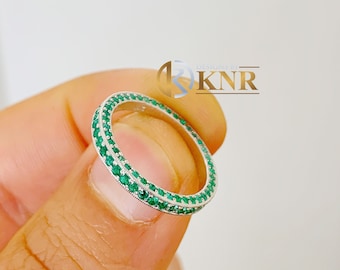 14k Solid White Gold Round Cut NaturalGreen Emerald Three Sided Eternity Band Anniversary 2.00ctw