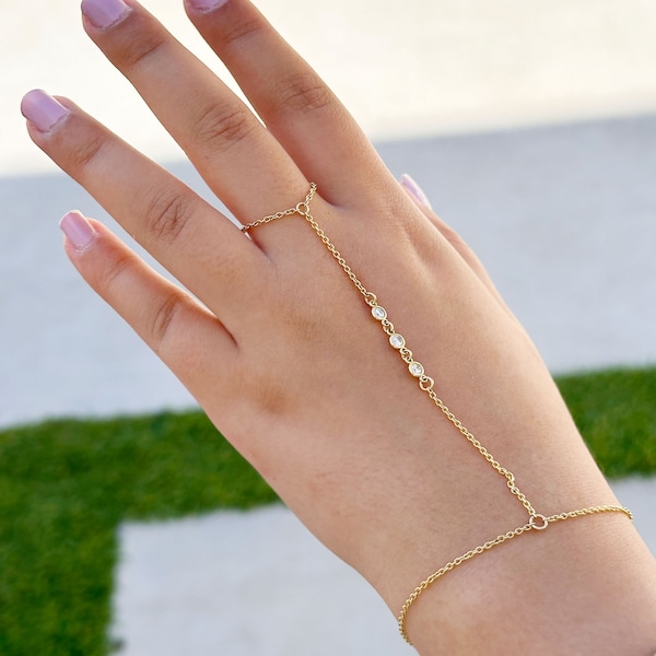 14k Solid Yellow Gold Finger Bracelet, Moissanites Ring Bracelet, Gold Hand Chain Bracelet, Chain Bracelet Bezel Set 0.30ctw