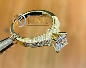 Princess Cut And Round Cut Sides Natural Diamond Engagement Ring Filigree Wedding Ring Prong Set Bridal Ring 14K Solid Yellow Gold 1.70ctw