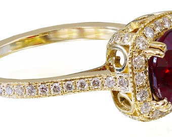 14k Yellow Gold Round Cut Ruby And Diamond Antique Design Halo Deco Ring And Two Bands Wedding Anniversary Halo Natural Diamonds 3.45ctw