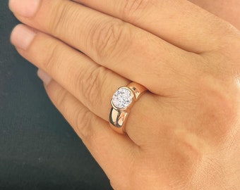 14k Solid And Heavy Rose Gold Round Cut Moissanite Engagement Ring Semi Bezel Set, Bridal, Wedding 1.25ct