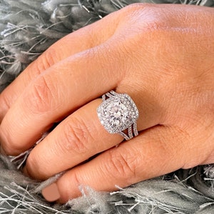 GIA Certified 14k Solid White Gold Round Cut Diamond Engagement Ring And Band Bridal Wedding Double Halo 3.25cttw F-VS2