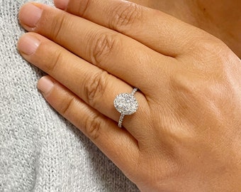 14k solid white gold oval and round cut diamond engagement ring art deco halo bridal wedding natural diamonds prong set band 1.50ctw