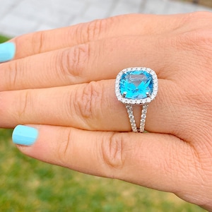 Cushion Cut Blue Topaz And CVD Diamonds Engagement Ring Set In 14k Solid White Gold Wedding Anniversary Ring Halo Style Bridal Ring 4.70ctw