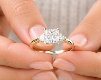 IGI Certified Princess Cut And Round Cut Sides Diamond Engagement Ring Three Stone Style Wedding ring 14k Solid White Gold 2.00ctw