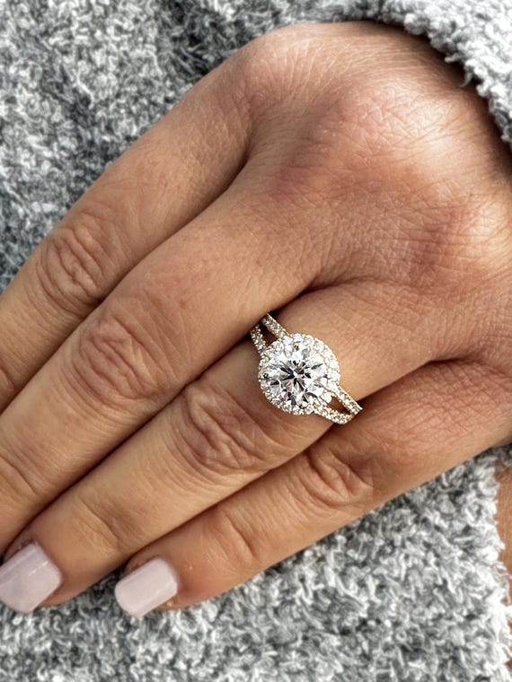 Round Cut Moissanite Engagement Ring Halo Style in 14k Solid Yellow Gold Split Shank Style Wedding Ring Women s Bridal Ring 2.20ctw Etsy Canada
