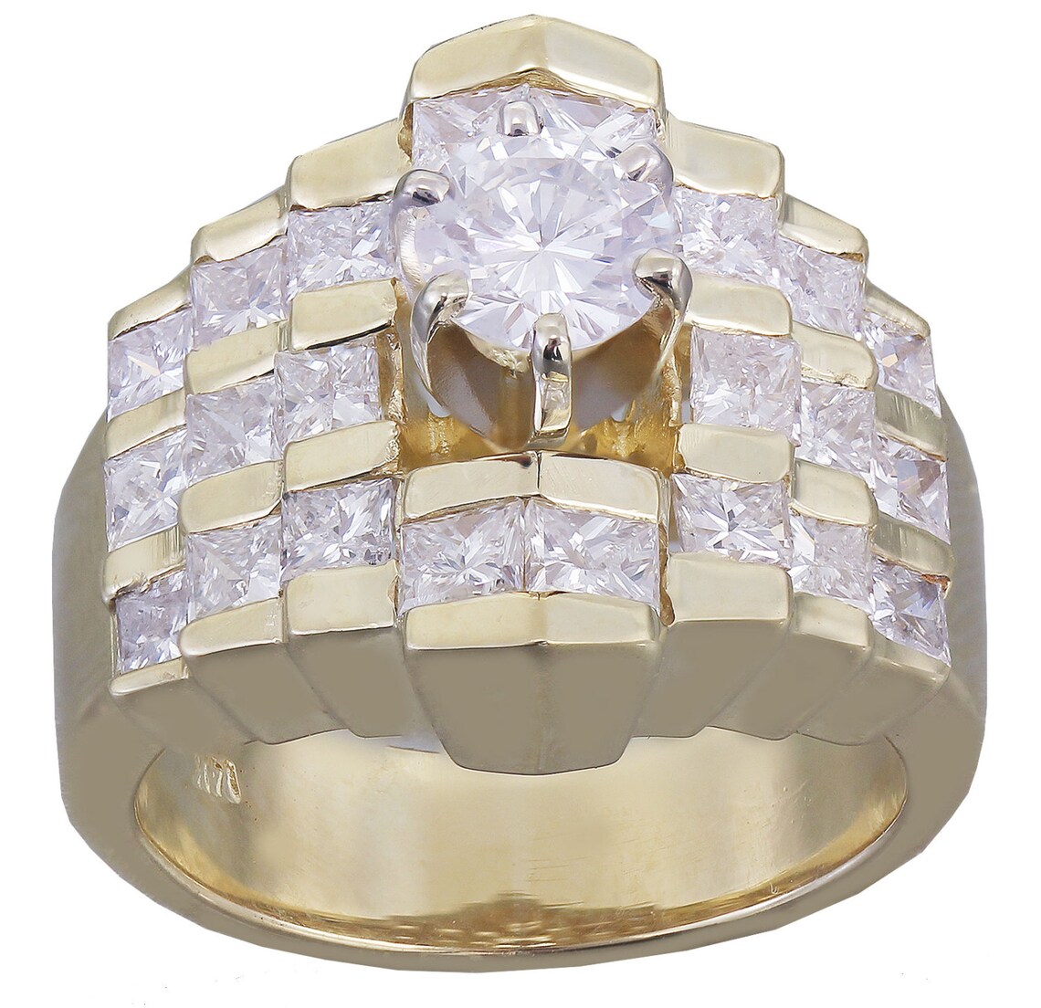 14K Yellow Gold Round and Princess Cut Diamond Engagement Ring Etsy