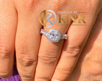 14k solid white gold cushion cut diamond engagement ring bezel set halo pave natural diamonds three sided diamonds pave 1.65ctw