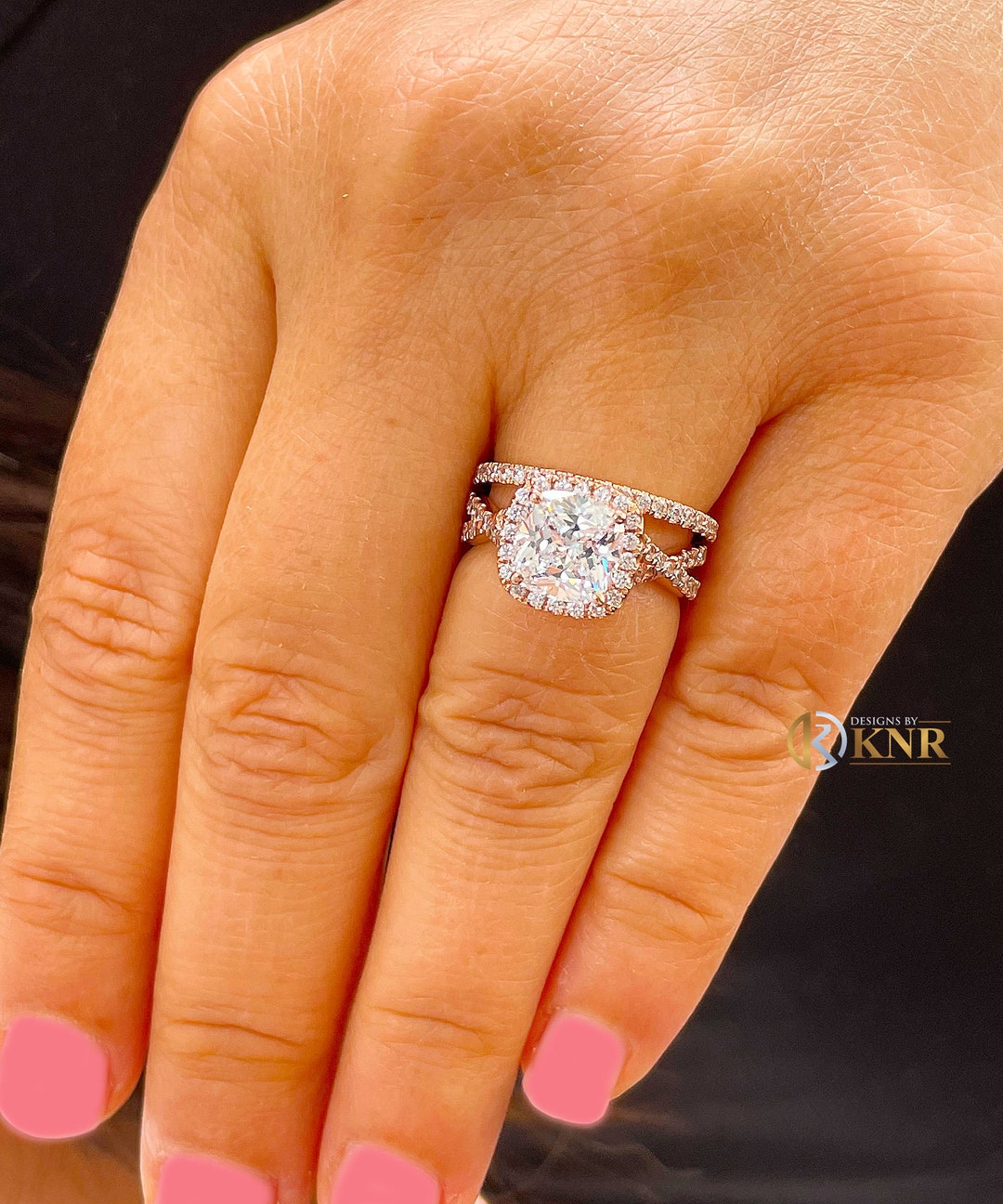 14k Solid Rose Gold Cushion Cut and Round Cut Natural Diamond Engagement Ring and Band Art Deco