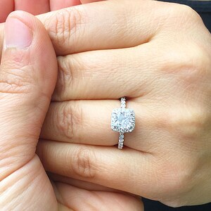 Cushion Cut Moissanite And Natural Round Cut Sides Diamond Engagement Ring 14k Solid White Gold Bridal Ring Halo Style Wedding Ring 1.90ctw