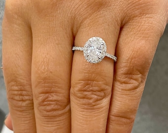 14k solid white gold oval and round cut diamond engagement ring art deco halo bridal wedding natural diamonds prong set band 1.70ctw