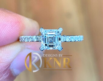 14K Solid White Gold Asscher Cut Forever One Moissanite and Round Cut Natural Diamond Engagement Ring Prong Set 2.00ctw