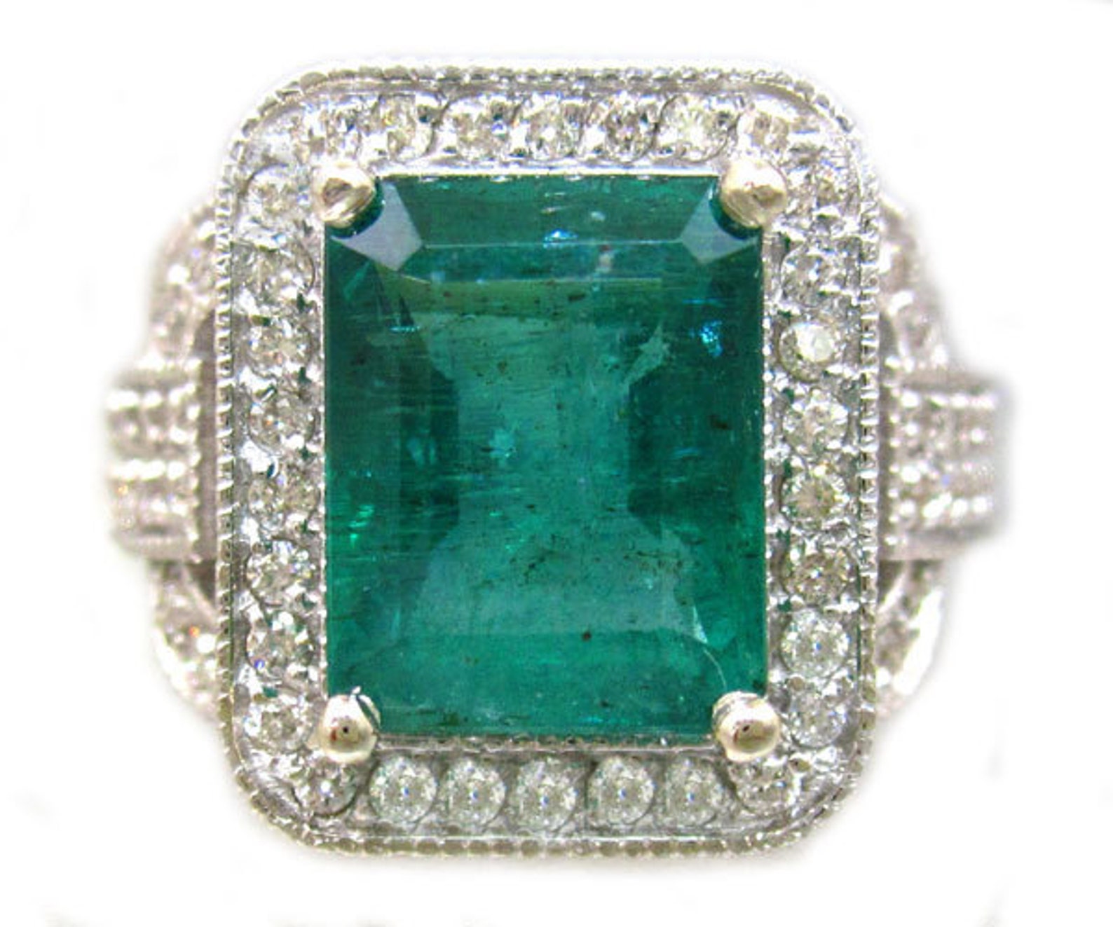 14k white gold green emerald and round cut diamonds ring art | Etsy