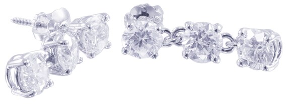 14k white gold round cut diamond dangling earrings prong set | Etsy