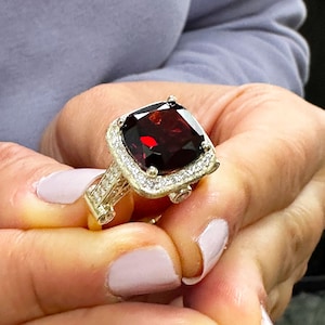 Cushion Cut Natural Garnet And Round Cut Sides Diamonds Ring Engagement Halo Ring Right Hand Ring 14k Solid Yellow Gold Wedding Ring 7.50ctw