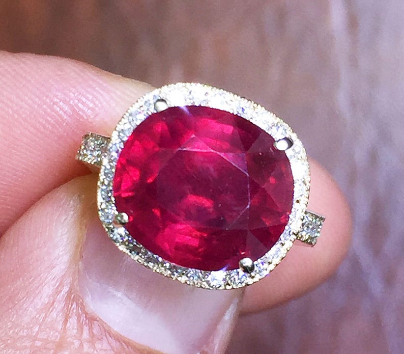 14k Yellow Gold Cushion Ruby and Round Cut Diamond Antique | Etsy