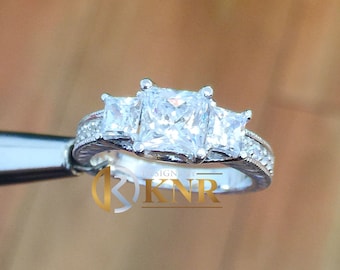 14k white gold princess and round cut natural diamond engagement ring prong set Three Stone, bridal, anniversary, wedding, deco 1.60ctw