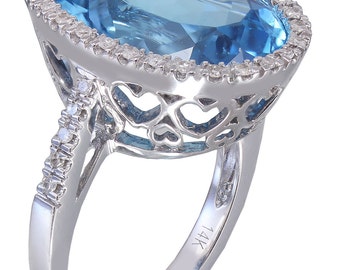 14k Solid White Gold Oval Cut Blue Topaz And Diamonds Engagement Ring Wedding, Anniversary, Natural Diamonds, Bridal 14.28ctw