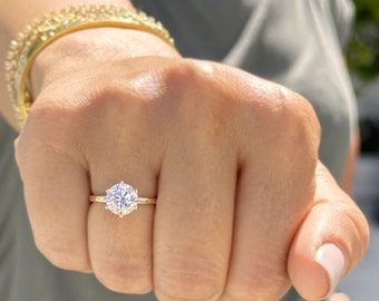 Crown Setting Style Six Prong Solitaire Ring Round Cut Moissanite Engagement Ring Women&#39;s Wedding Ring For Her 14k Solid Yellow Gold 2.00ctw
