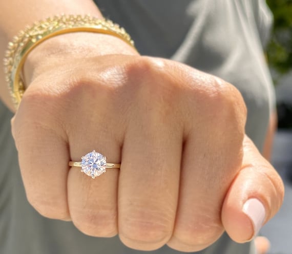 Crown Setting Style Six Prong Solitaire Ring Round Cut Moissanite Engagement Ring Women's Wedding Ring For Her 14k Solid Yellow Gold 2.00ctw