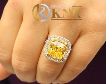 Huge Women's 14k solid white and yellow gold cushion cut yellow citrine and natural diamond engagement ring Bridal Wedding Halo 4.50ctw