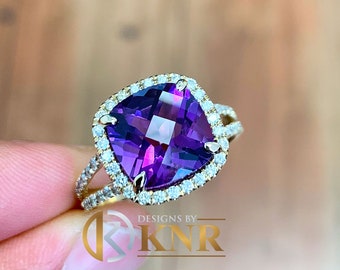 LARGE 14k solid yellow gold cushion cut natural amethyst and round cut natural diamonds engagement ring halo split shank 4.70ctw