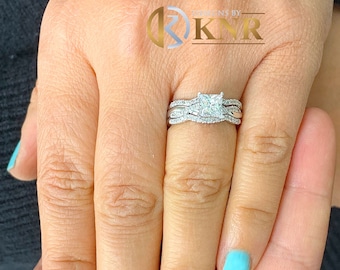 14k solid white gold 1.25 Carat princess cut diamond engagement ring and two bands natural diamonds bridal wedding set halo round cut sides