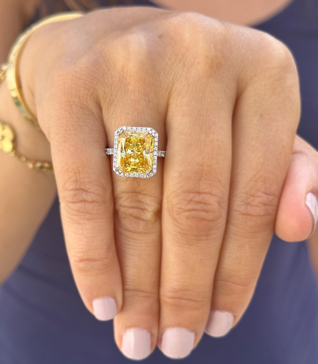 Fancy Yellow Cushion Simulated and Round Cut Natural Diamond Engagement  Ring Set in 14k Solid White Gold Halo Style Right Hand Ring