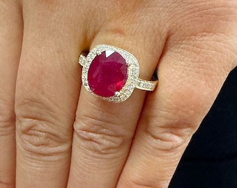 Large 14k Solid Yellow Gold Cushion ruby and round cut natural diamonds antique design ring halo, engagement, wedding, anniversary 7.50ctw