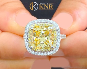 Cushion Simulated Diamond And Round Cut Cvd Diamond Engagement Ring Halo Style 14k Solid White Gold Fancy Yellow Right Hand Ring 5.70ctw