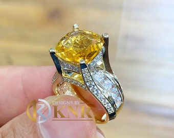 Cushion Cut Natural Yellow Citrine and Round cut Sides Natural Diamonds Engagement Ring 14K Solid Yellow And White Gold Right Hand Ring 4.80