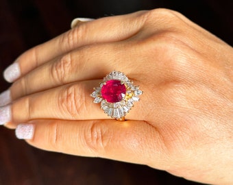Stunning 14k Solid Yellow Gold Cushion Ruby And Baguettes And Marquise Cut Natural Diamond Ballerina design Ring 7.50ctw
