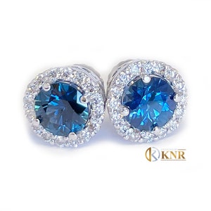 Round Cut Natural Sapphire And Diamond Halo Style Earrings Wedding Gift Anniversary Earrings Bridal Stud Earrings Sapphire Earrings 2.00ctw