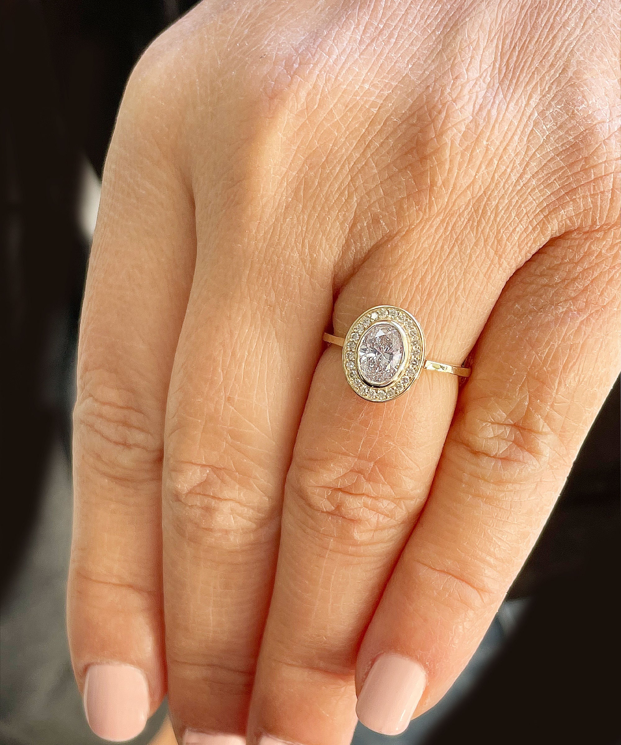 14k Solid Yellow Gold Oval Cut and Round Cut Natural Diamond Engagement Ring Bezel Set, Bridal Propose 1.20ctw