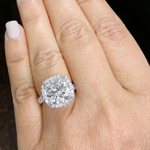 Cushion Cut Moissanite And Round Cut Cvd Diamond Engagement Ring Halo Style Bridal Ring Women&#39;s Wedding Ring 14k Solid White Gold 6.50ctw