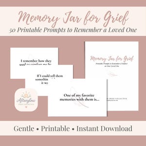 Könnte beinhalten: Ein digitales Produkt namens "Memory Jar for Grief" mit 50 druckbaren Anregungen, um sich an einen geliebten Menschen zu erinnern. Das Bild enthält Beispielaufforderungen, ein Logo und die Worte "Gentle, Printable, Instant Download."